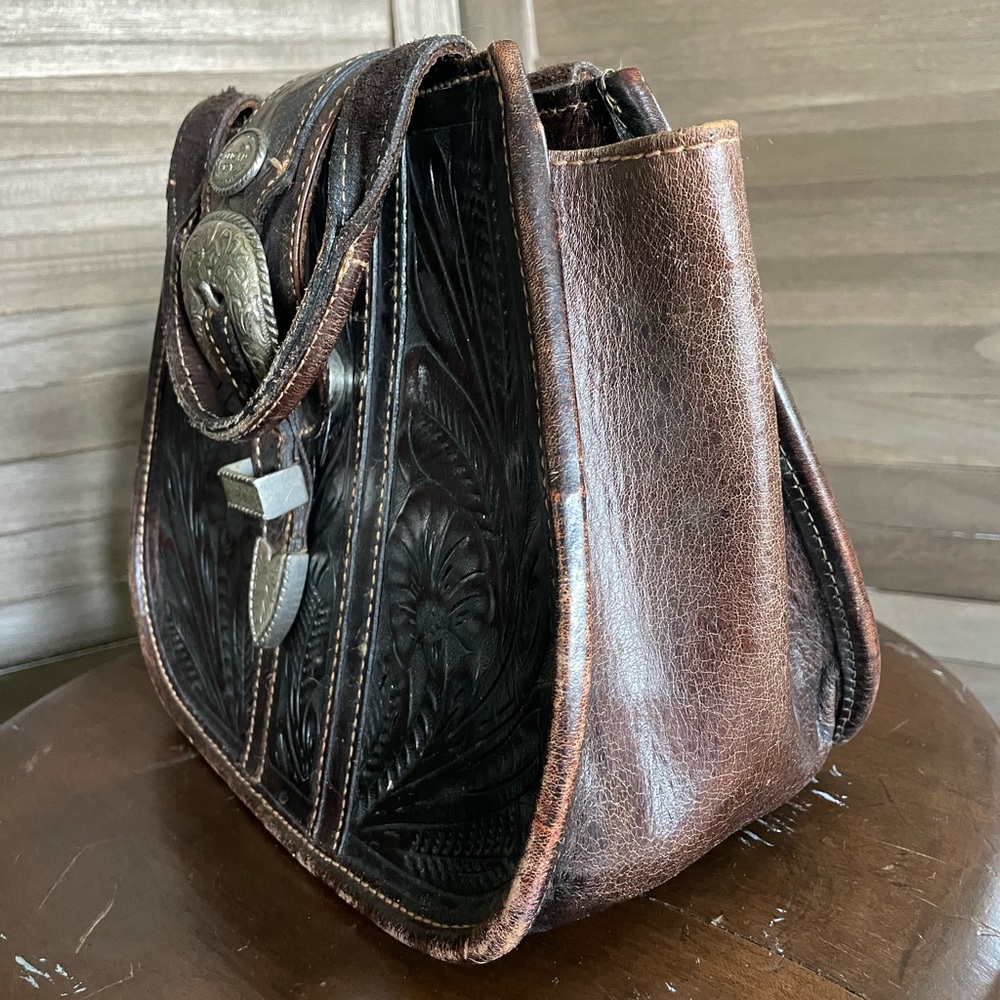 Vintage American West Western Tooled Leather Floral Satchel Tote Handbag Dark - Picture 9 of 10